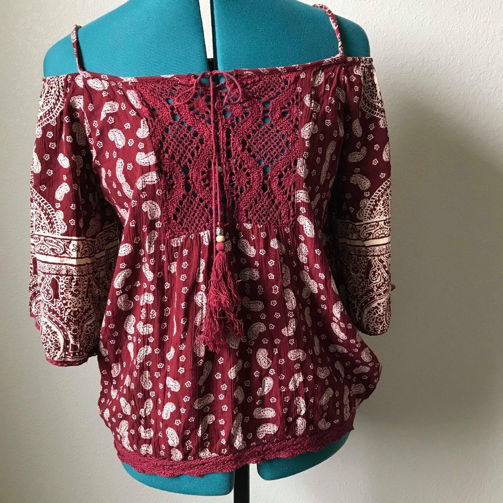 Angie Maroon Beige Bohemian Off Shoulder Blouse